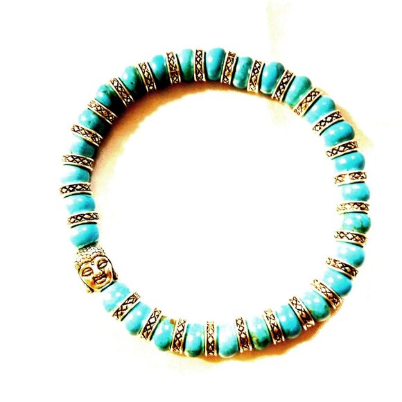 Silver Buddha Genuine Turquoise Bracelet - Picture 2 of 8